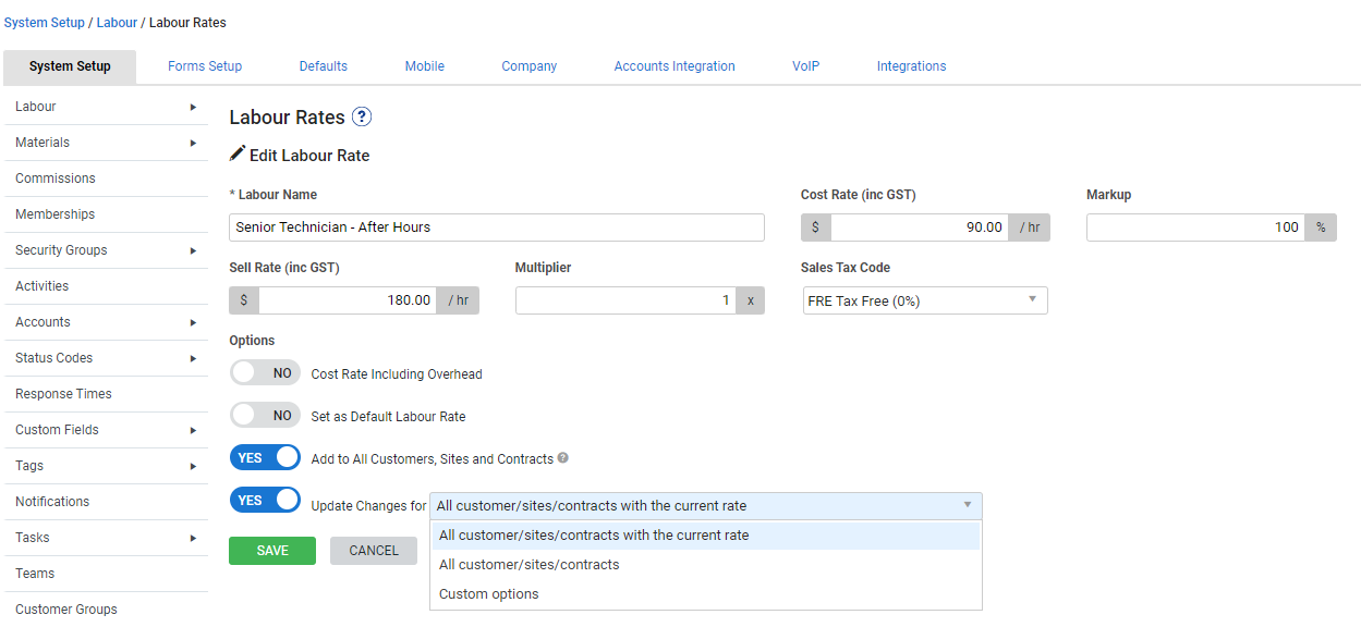 A screenshot of the Edit Labour Rate page.